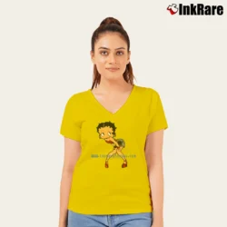 Women’s 90s Cyber Betty Boop Too Sexy For You Dot Com V-Neck Tee in yellow | Chic Neckline, Soft Texture