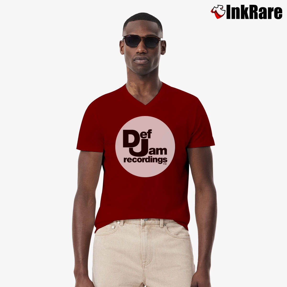 Men’s 90s Def Jam Recording V-Neck Tee in maroon | Sharp, Breathable, Everyday Staple