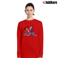 Women’s 90s Disney Mickey Goofy Hip Hop Rap Velva Sheen Long-Sleeve Top in red | Sleek, Versatile, All-Season