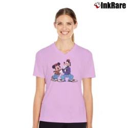 Women’s 90s Disney Mickey Goofy Hip Hop Rap Velva Sheen V-Neck Tee in light pink | Chic Neckline, Soft Texture