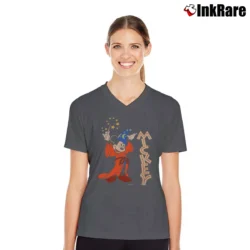 Women’s 90s Disney Sorcerer Mickey Fantasia Promo V-Neck Tee in charcoal | Chic Neckline, Soft Texture