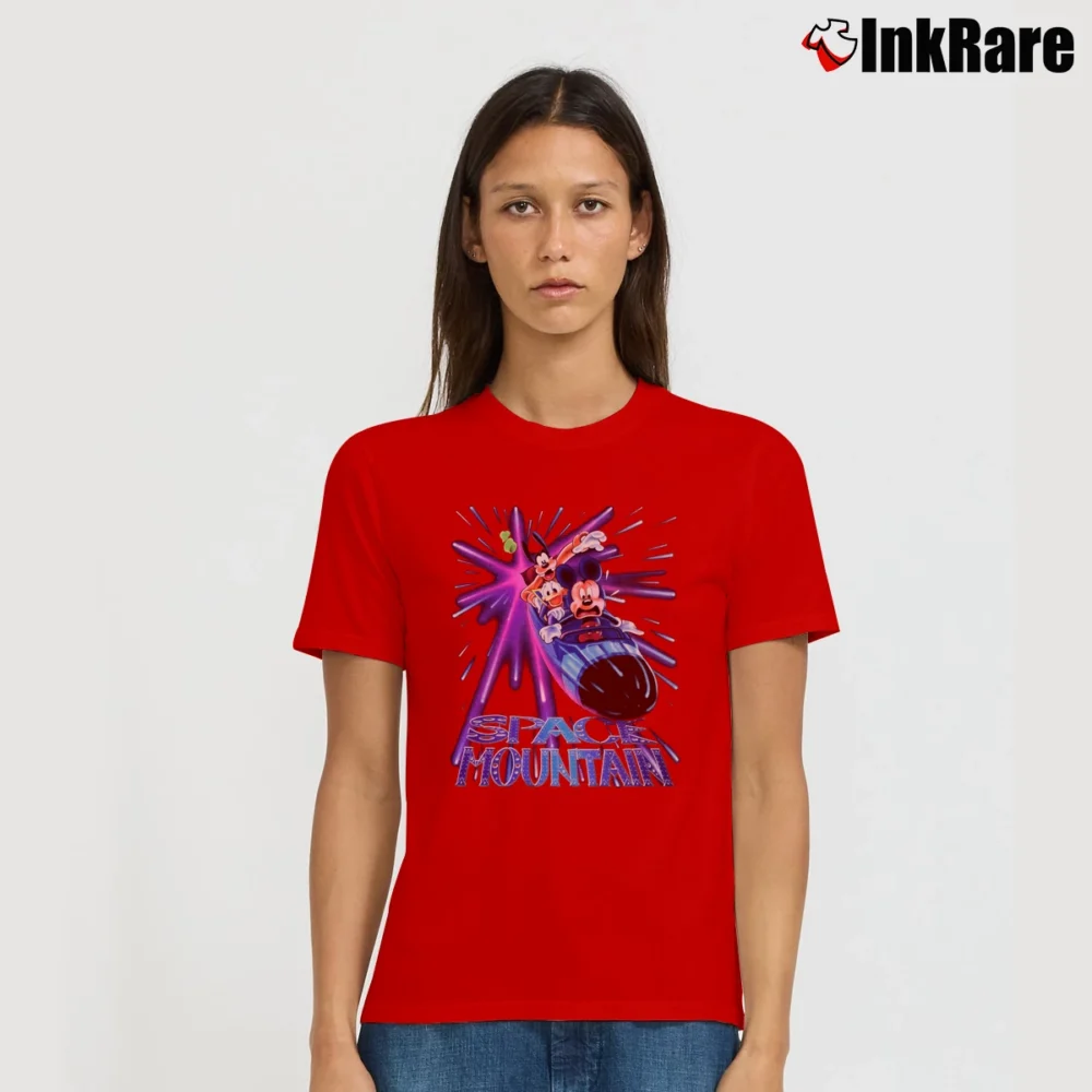 Women’s 90s Disney Space Mountain Mickey Mouse Promo Signature T-Shirt in red | Soft, Flattering Fit