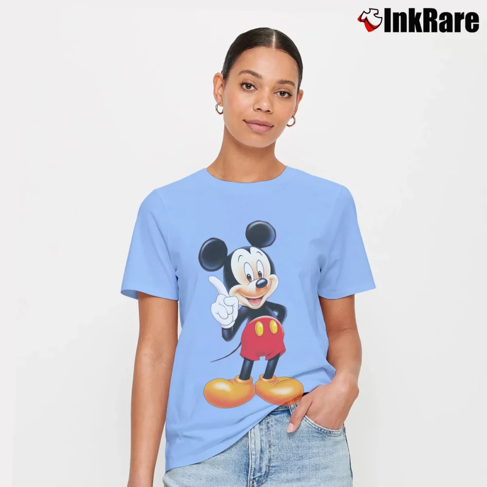 Women’s 90s Disney World Theme Park Mickey Mouse Cartoon Signature T-Shirt in light blue | Soft, Flattering Fit