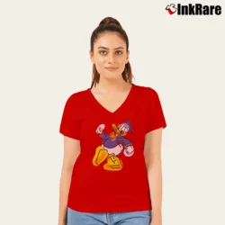 Women’s 90s Donald Duck Disney Graphic Cartoon V-Neck Tee in red | Chic Neckline, Soft Texture