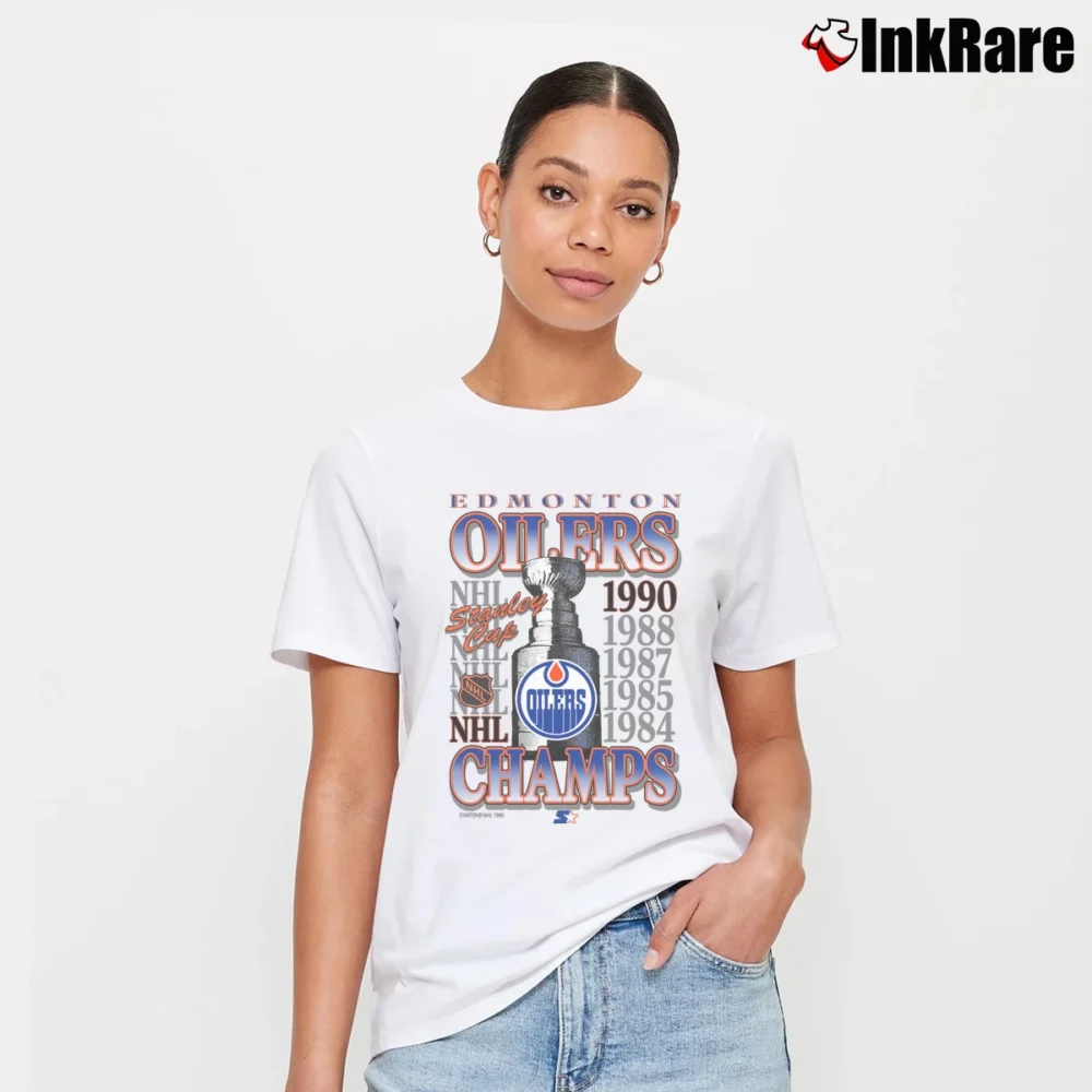 Women’s 90s Edmonton Oilers Stanley Cup Champions Signature T-Shirt in white | Soft, Flattering Fit