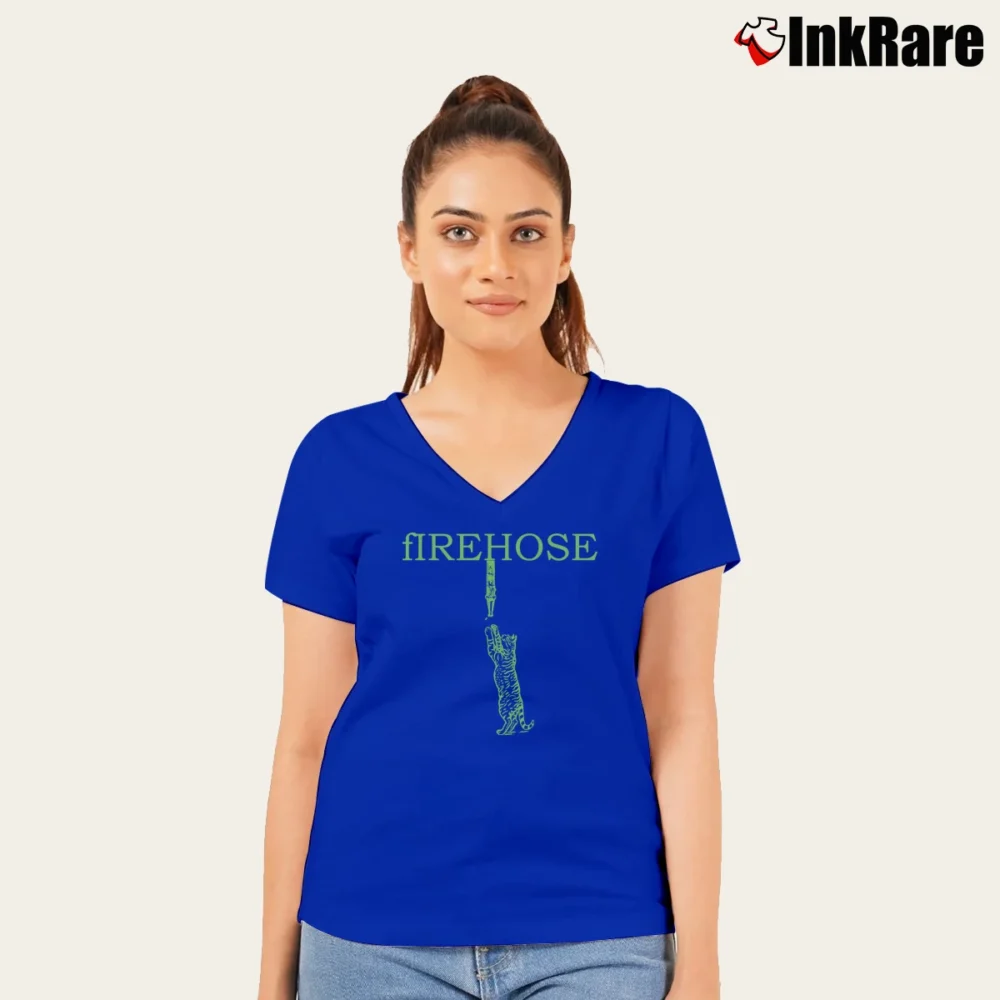 Women’s 90s Firehose Cat Band Rock Tour V-Neck Tee in royal blue | Chic Neckline, Soft Texture