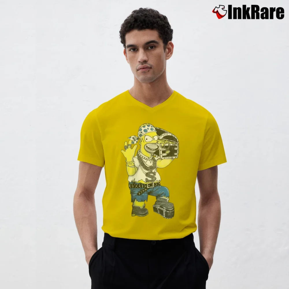 Men’s 90s Gangster Pirate Homer Simpson Bootleg Simpsons V-Neck Tee in yellow | Sharp, Breathable, Everyday Staple