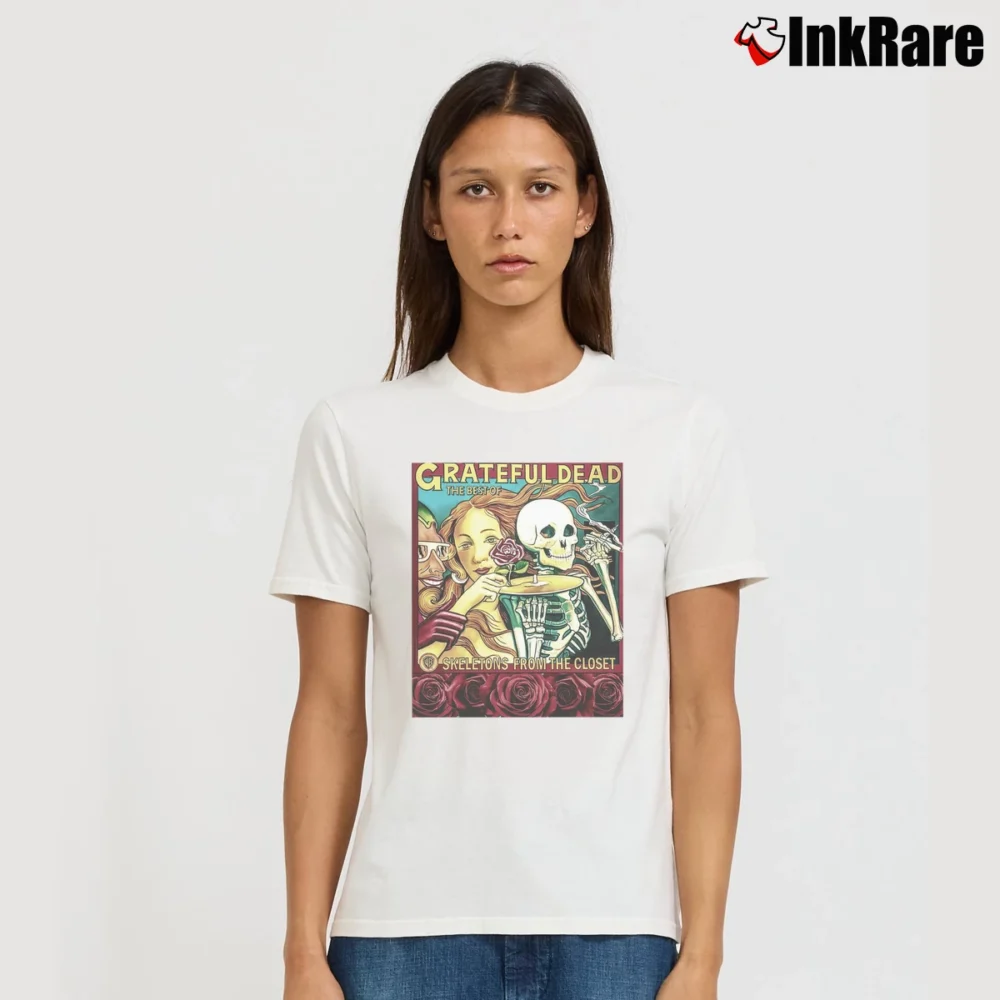 Women’s 90s Grateful Dead Best Of Skeletons From Closet Rock Band Retro Graphic Signature T-Shirt in white | Soft, Flattering Fit