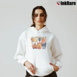Women’s 90s Halloween Pumpkin Black Cat Cozy Hoodie in white | Warm, Structured, Stylish