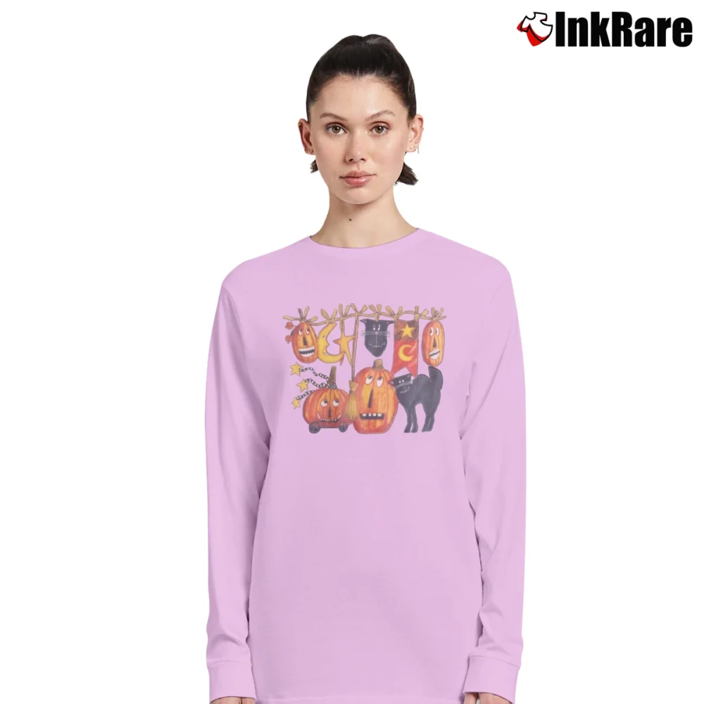 Women’s 90s Halloween Pumpkin Black Cat Long-Sleeve Top in light pink | Sleek, Versatile, All-Season