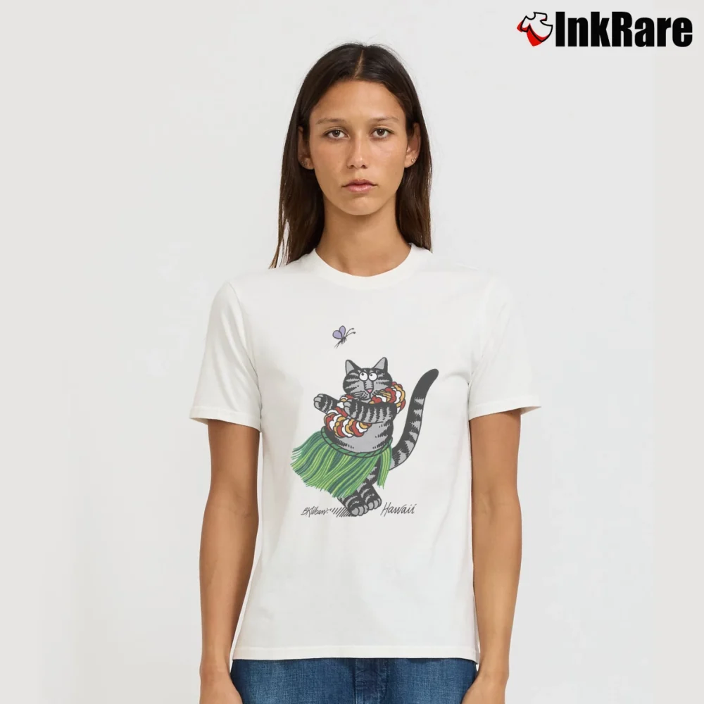 Women’s 90s Hawaii B Kliban Cartoon Hula Cat Signature T-Shirt in white | Soft, Flattering Fit