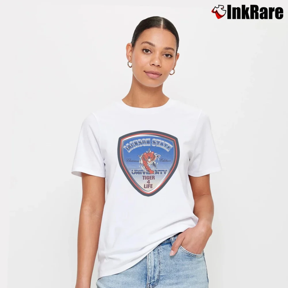 Women’s 90s Jackson State University Tigers Signature T-Shirt in white | Soft, Flattering Fit