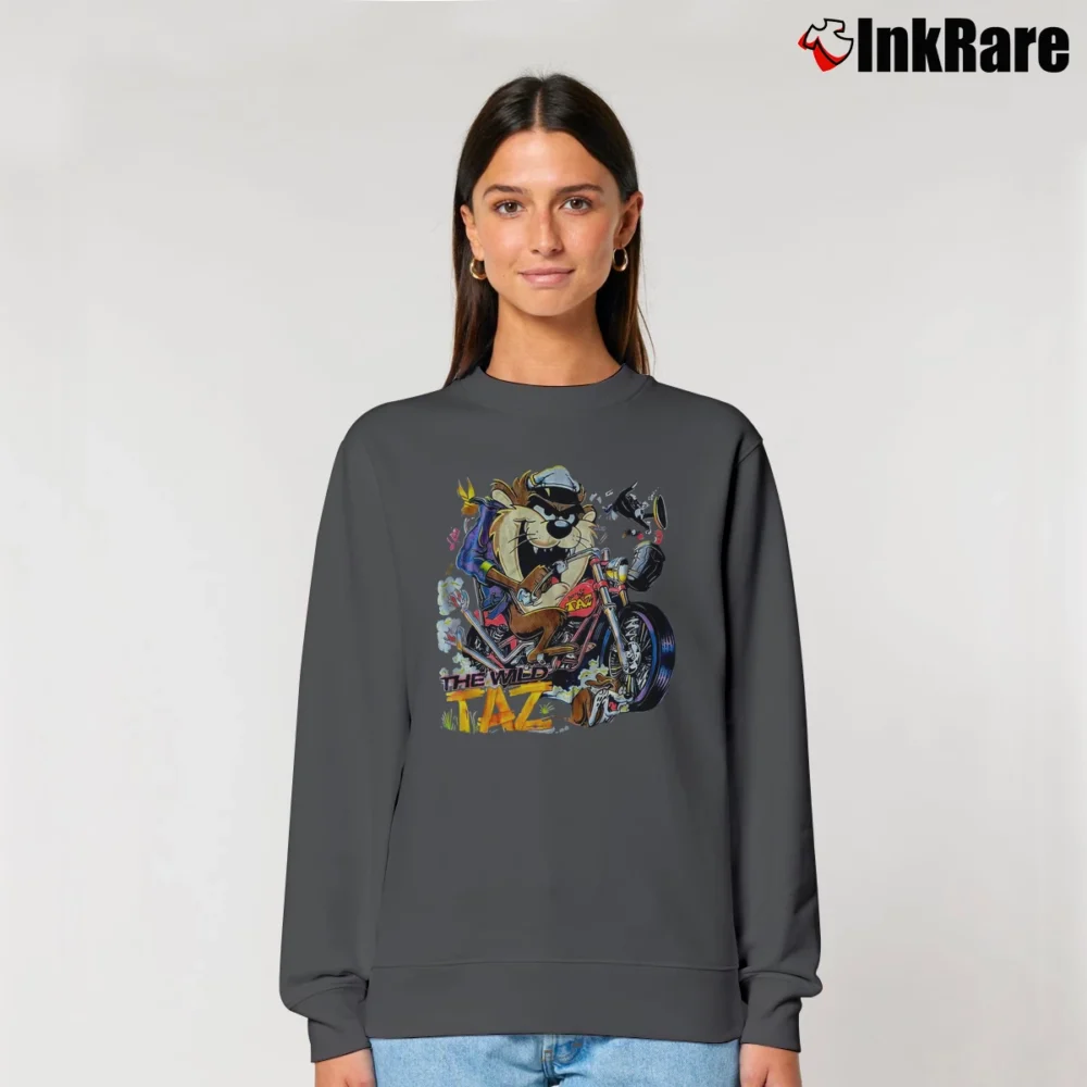 Women’s 90s Looney Tunes Tasmanian Devil Biker Wild Taz Relaxed Sweatshirt in charcoal | Soft, Laid-Back Vibe