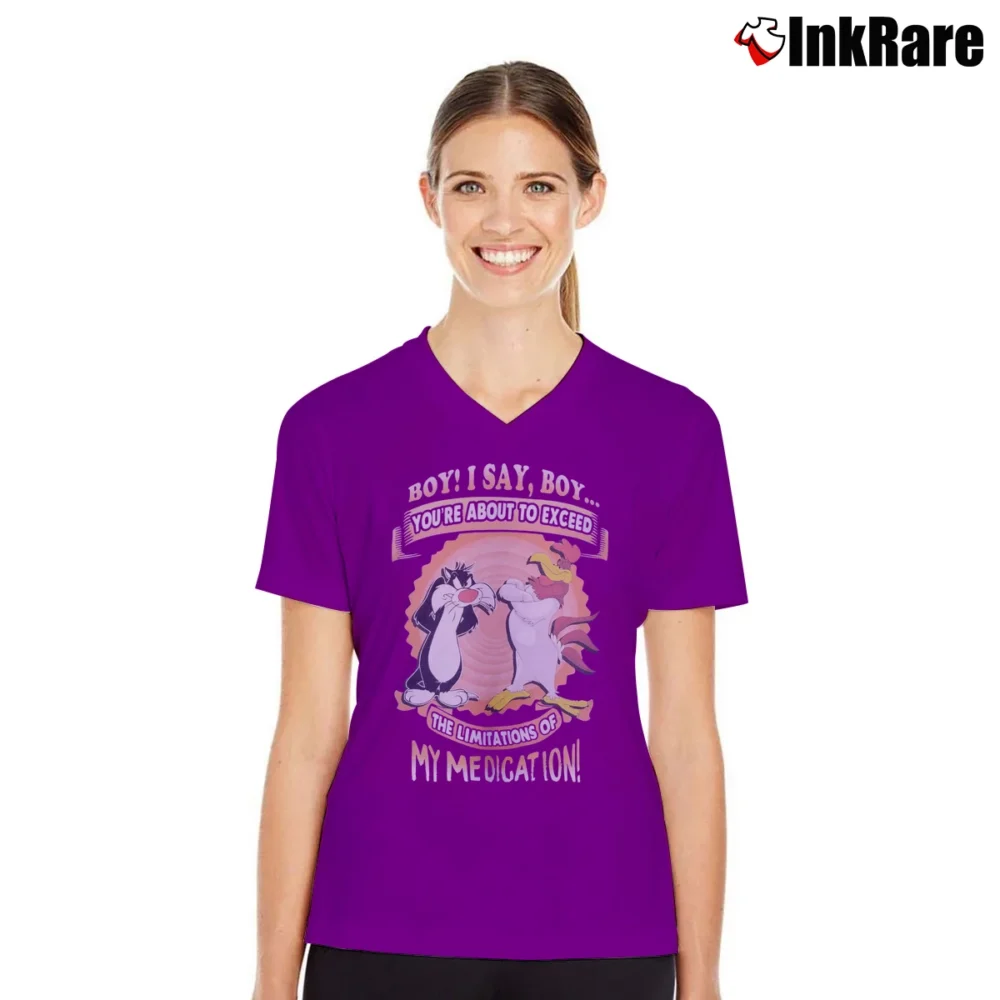 Women’s 90s Looney Tunes You're About To Exceed The Limitation Of Your Medication Sylvester Foghorn Leghorn V-Neck Tee in purple | Chic Neckline, Soft Texture