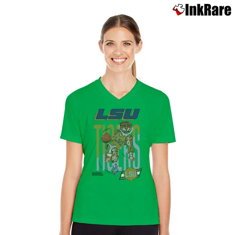 Women’s 90s LSU Tigers Basketball Graphic V-Neck Tee in irish green | Chic Neckline, Soft Texture