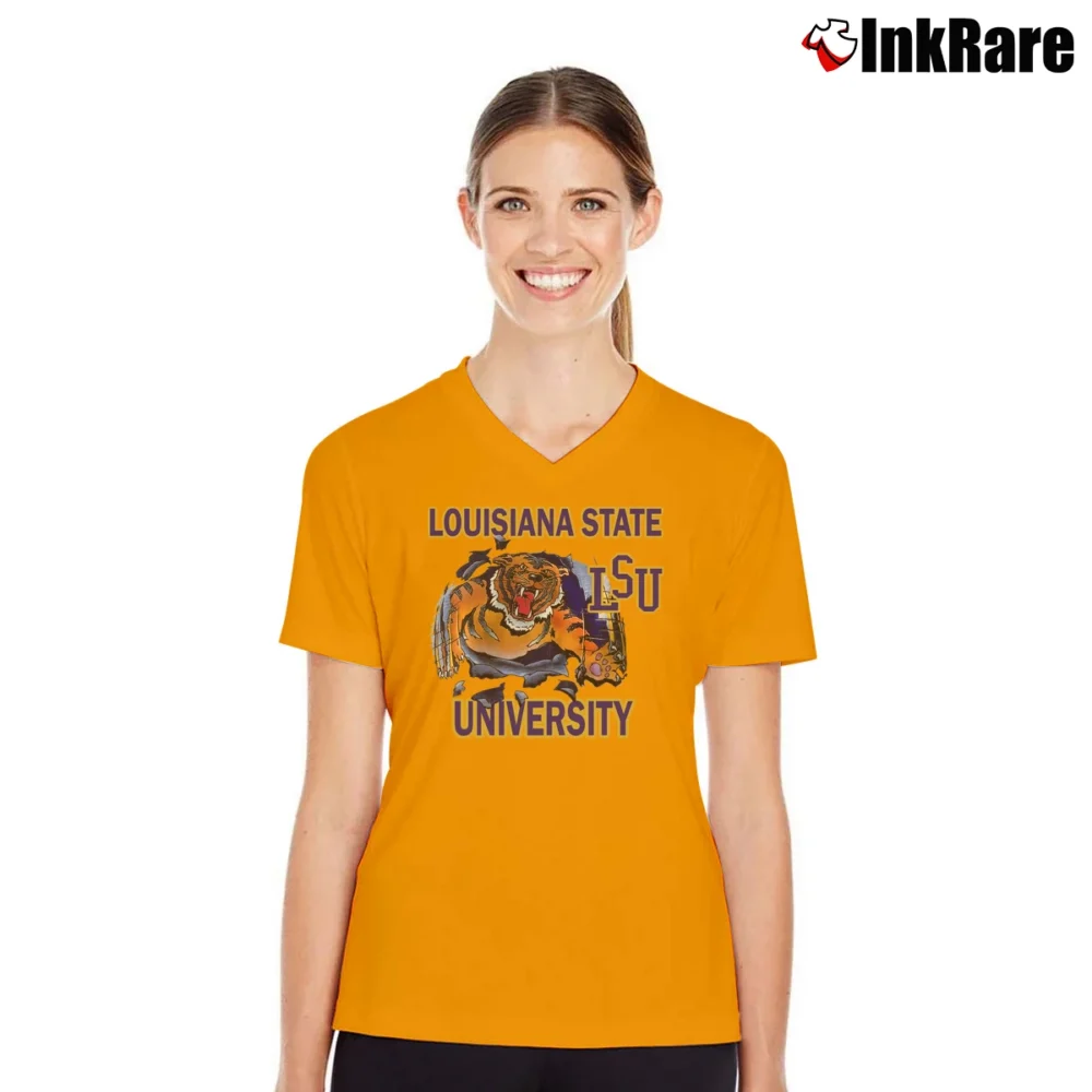 Women’s 90s LSU Tigers Nutmeg Mills V-Neck Tee in orange | Chic Neckline, Soft Texture