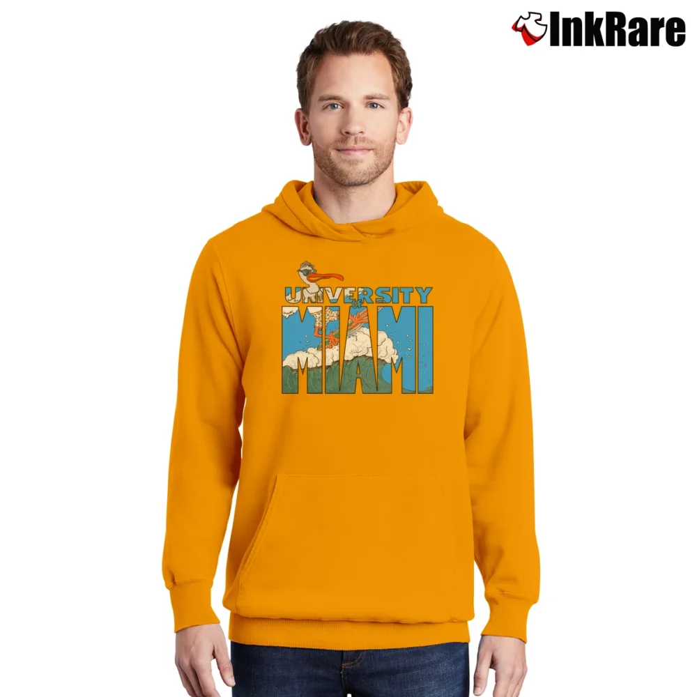 Men’s 90s Miami Hurricanes Sebastian Mascot College Pullover Hoodie in orange | Cozy, Durable, Modern Fit