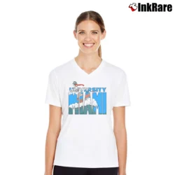 Women’s 90s Miami Hurricanes Sebastian Mascot College V-Neck Tee in white | Chic Neckline, Soft Texture