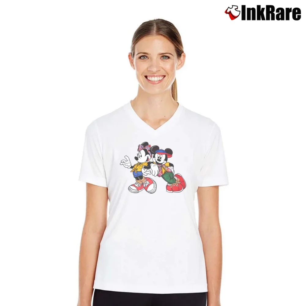 Women’s 90s Mickey Minnie Mouse Classic V-Neck Tee in white | Chic Neckline, Soft Texture