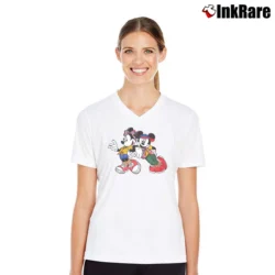 Women’s 90s Mickey Minnie Mouse Classic V-Neck Tee in white | Chic Neckline, Soft Texture