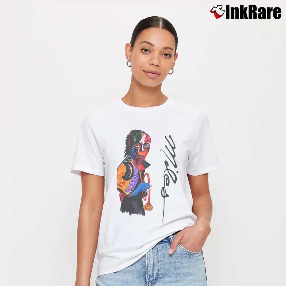 Women’s 90s Miles Davis Illustration Graphic Jazz Signature T-Shirt in white | Soft, Flattering Fit