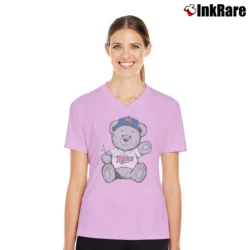 Women’s 90s Minnesota Twins TC Bear Mascot MLB V-Neck Tee in light pink | Chic Neckline, Soft Texture