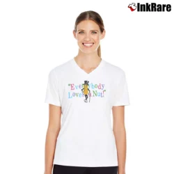 Women’s 90s Mr Peanut Everyone Loves A Nut V-Neck Tee in white | Chic Neckline, Soft Texture