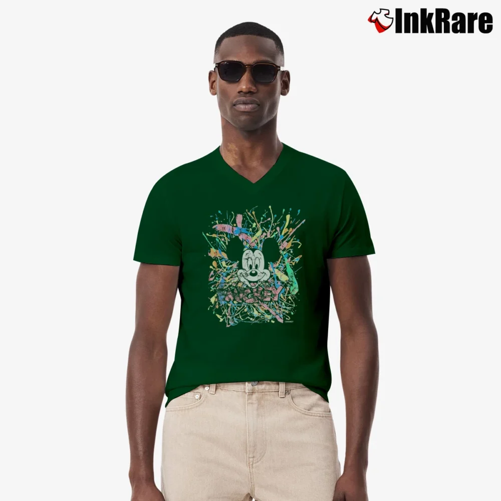 Men’s 90s Neon Splatter Mickey Mouse Disney V-Neck Tee in forest green | Sharp, Breathable, Everyday Staple
