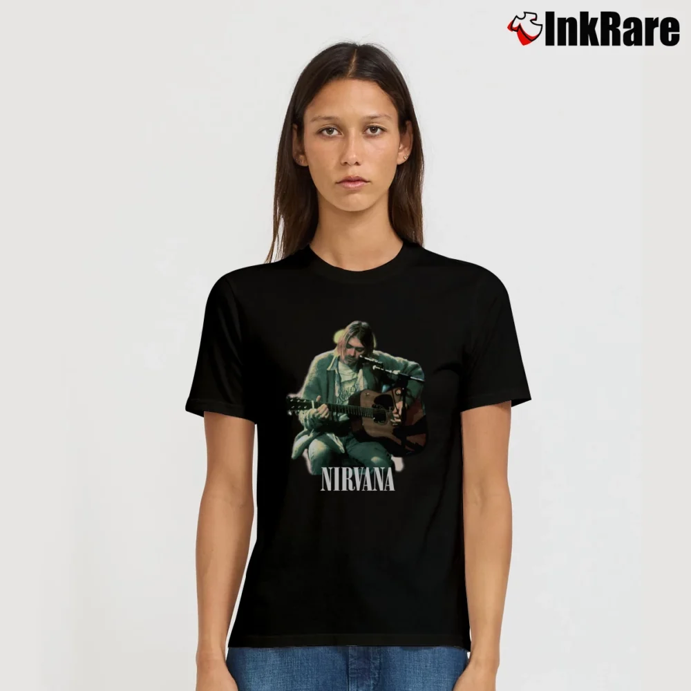 Women’s 90s Nirvana Kurt Cobain Band Graphic Signature T-Shirt in black | Soft, Flattering Fit
