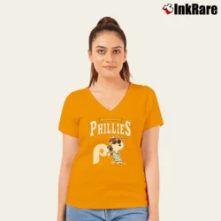 Women’s 90s Philadelphia Phillies Snoopy Peanuts Big Logo V-Neck Tee in orange | Chic Neckline, Soft Texture