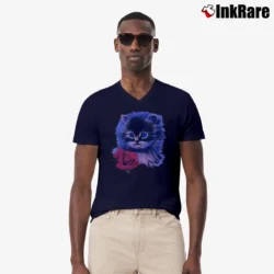 Men’s 90s Pink Cat Graphic for Cat Lovers V-Neck Tee in navy | Sharp, Breathable, Everyday Staple