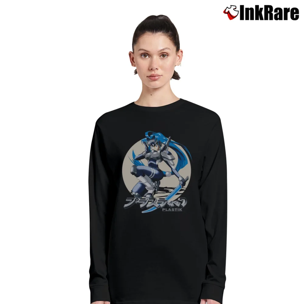 Women’s 90s Plastik Anime Warrior Blue Armor Sword Vintage Graphic Long-Sleeve Top in black | Sleek, Versatile, All-Season