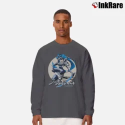Men’s 90s Plastik Anime Warrior Blue Armor Sword Vintage Graphic Long-Sleeve Shirt in charcoal | Sleek, Lightweight, Year-Round Wear