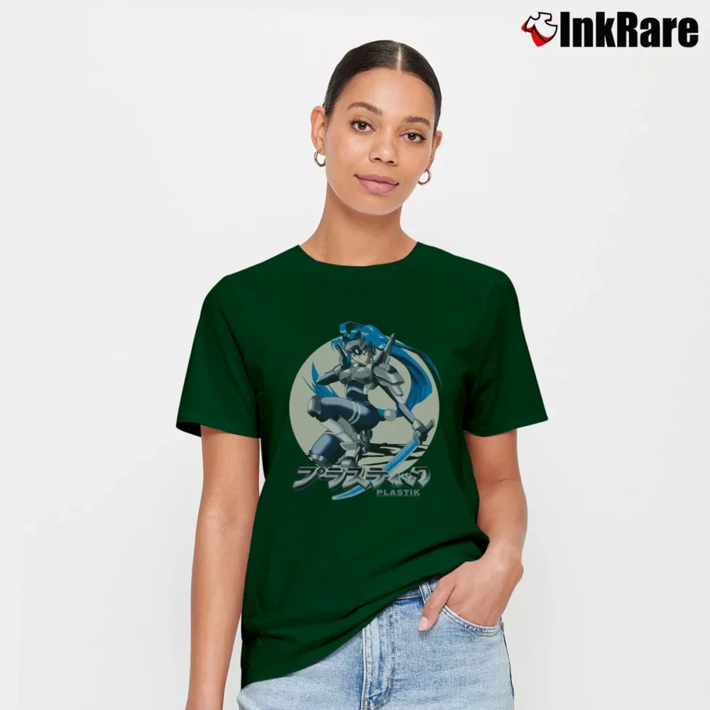 Women’s 90s Plastik Anime Warrior Blue Armor Sword Vintage Graphic Signature T-Shirt in forest green | Soft, Flattering Fit