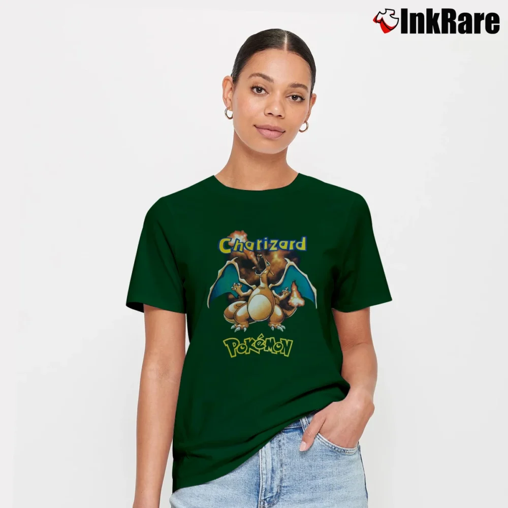 Women’s 90s Pokemon Charizard Vintage Cartoon Signature T-Shirt in forest green | Soft, Flattering Fit