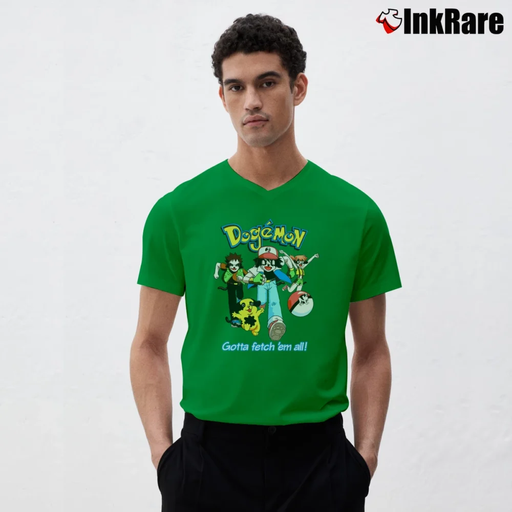 Men’s 90s Pokemon Dogemon Big Dogs Parody V-Neck Tee in irish green | Sharp, Breathable, Everyday Staple