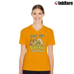 Women’s 90s Pokemon Gotta Catch Em All Nintendo Fanatic V-Neck Tee in orange | Chic Neckline, Soft Texture