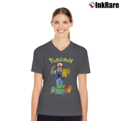 Women’s 90s Pokemon Pikachu Retro Gameboy V-Neck Tee in charcoal | Chic Neckline, Soft Texture