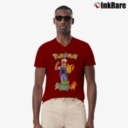 Men’s 90s Pokemon Pikachu Retro Gameboy V-Neck Tee in maroon | Sharp, Breathable, Everyday Staple
