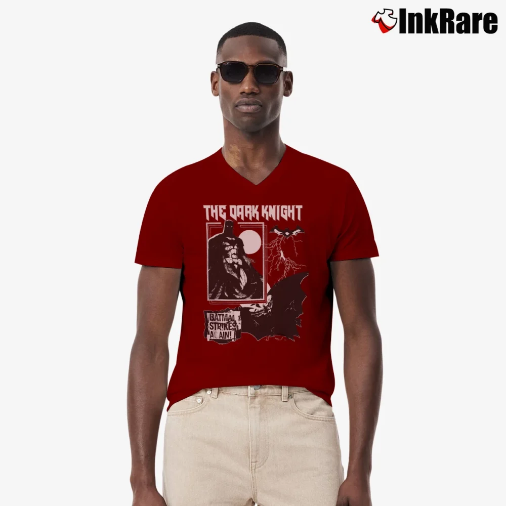 Men’s 90s Retro Batman Fan Art Graphic V-Neck Tee in maroon | Sharp, Breathable, Everyday Staple