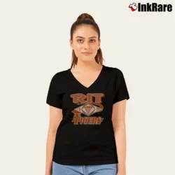 Women’s 90s RIT Tigers Graphic College V-Neck Tee in black | Chic Neckline, Soft Texture