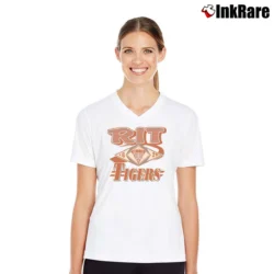 Women’s 90s RIT Tigers Graphic Crewneck Sweatshirt V-Neck Tee in white | Chic Neckline, Soft Texture