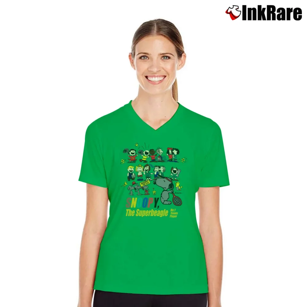 Women’s 90s Snoopy Charlie Brown Tennis Peanuts V-Neck Tee in irish green | Chic Neckline, Soft Texture