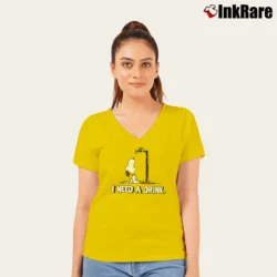 Women’s 90s Snoopy I Need A Drink Graphic V-Neck Tee in yellow | Chic Neckline, Soft Texture