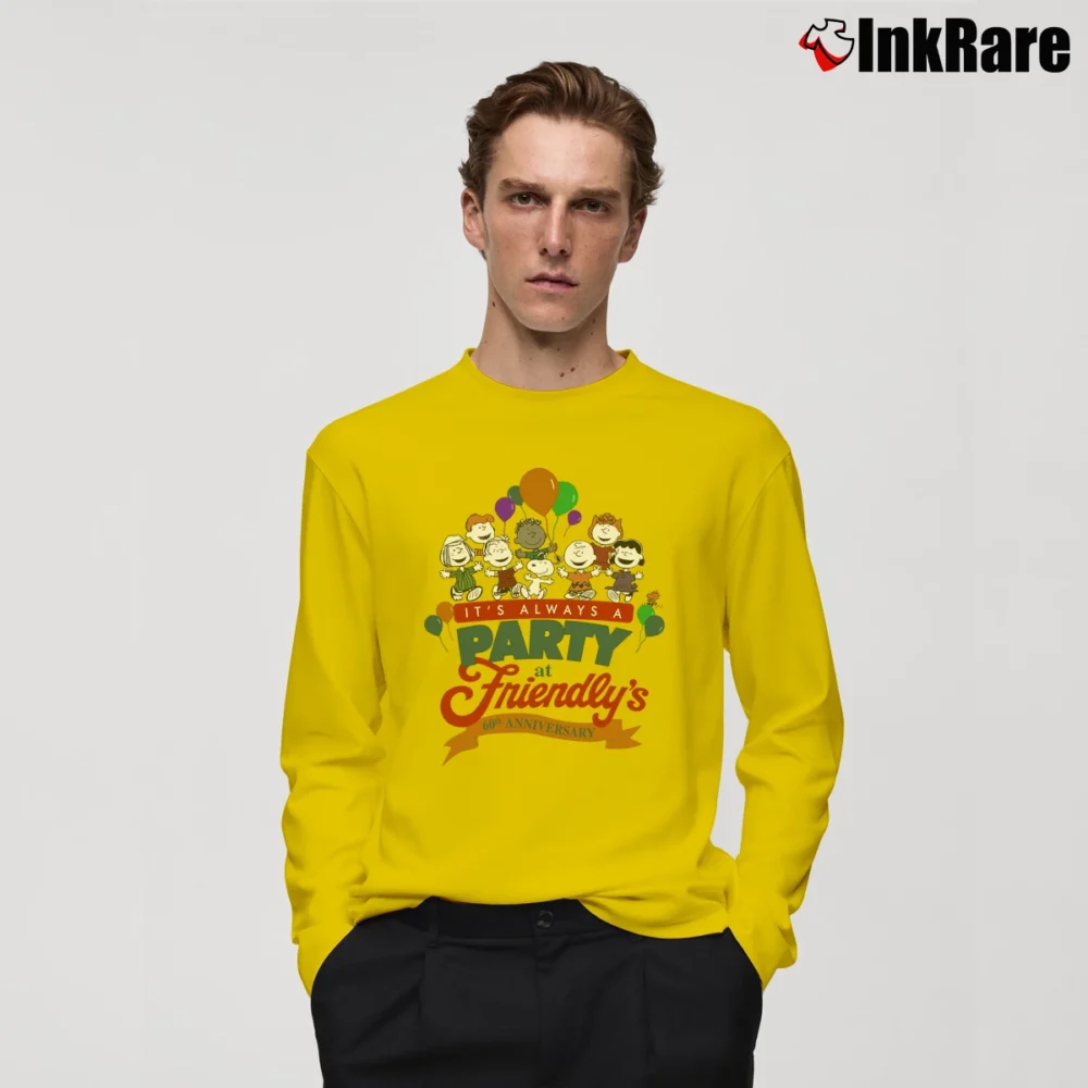 Men’s 90s Snoopy Peanuts It's Always A Party At Friendlys Long-Sleeve Shirt in yellow | Sleek, Lightweight, Year-Round Wear