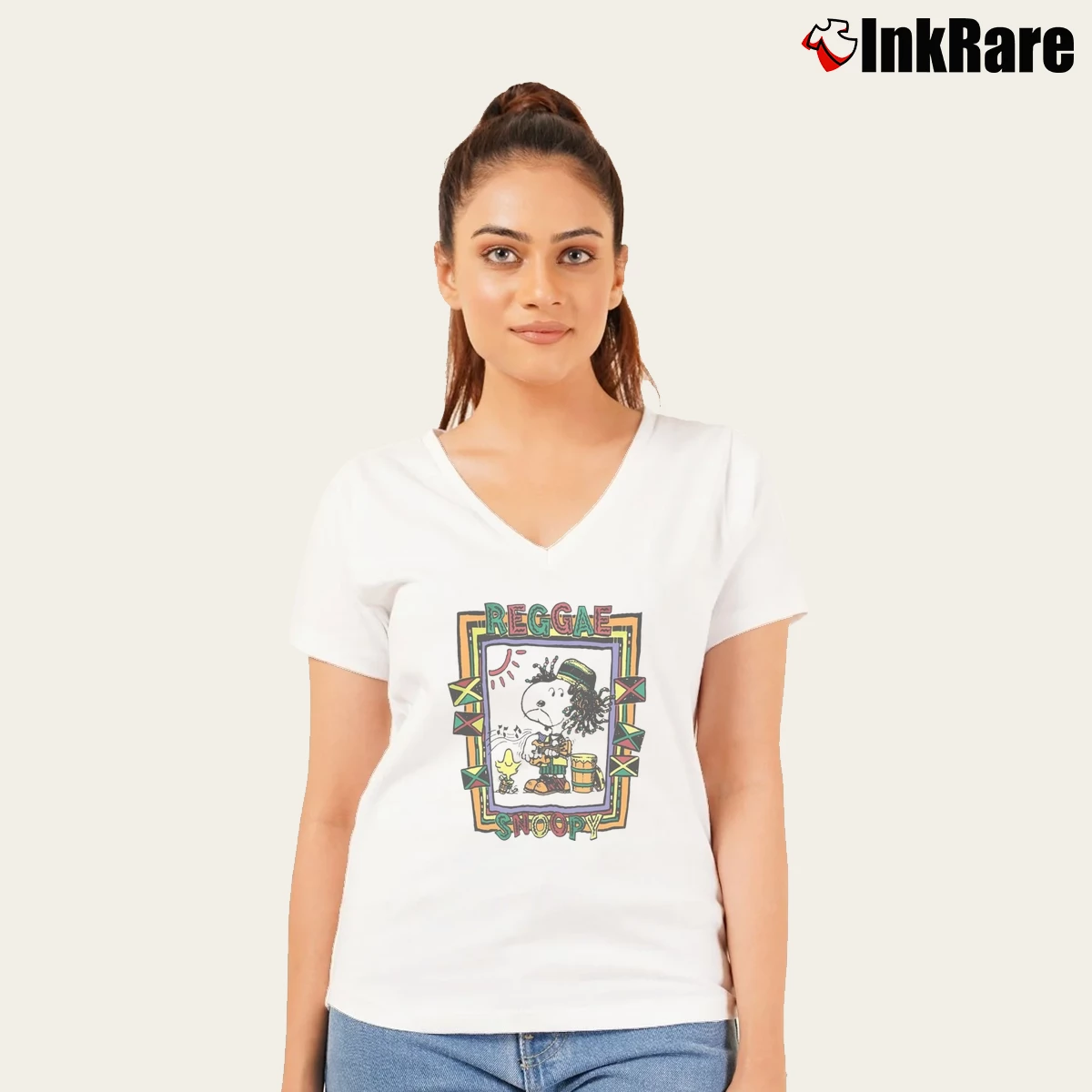 90s Snoopy Reggae Vintage Women’s V-Neck Tee in white – Flattering Fit Women’s 90s Snoopy Reggae Vintage V-Neck Tee in white | Chic Neckline, Soft Texture