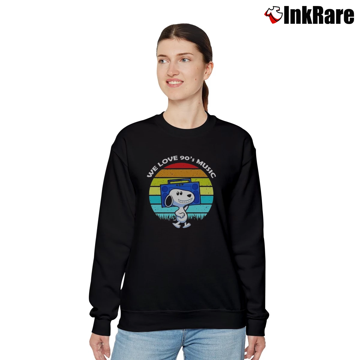 90s Snoopy We Love Music Women’s Relaxed Sweatshirt in black – Cozy Casual Women’s 90s Snoopy We Love Music Relaxed Sweatshirt in black | Soft, Laid-Back Vibe
