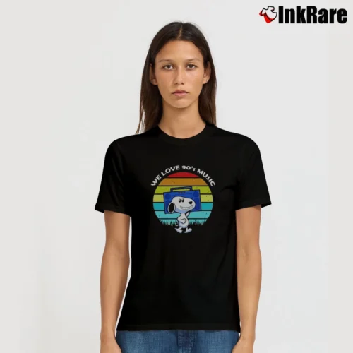 90s Snoopy We Love Music Women’s Tee in black – Effortless Style Women’s 90s Snoopy We Love Music T-Shirt in black | Soft, Flattering Fit