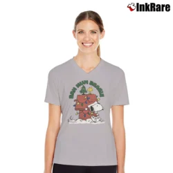 Women’s 90s Snoopy Woodstock Bah Hum Beagle Christmas V-Neck Tee in sport grey | Chic Neckline, Soft Texture