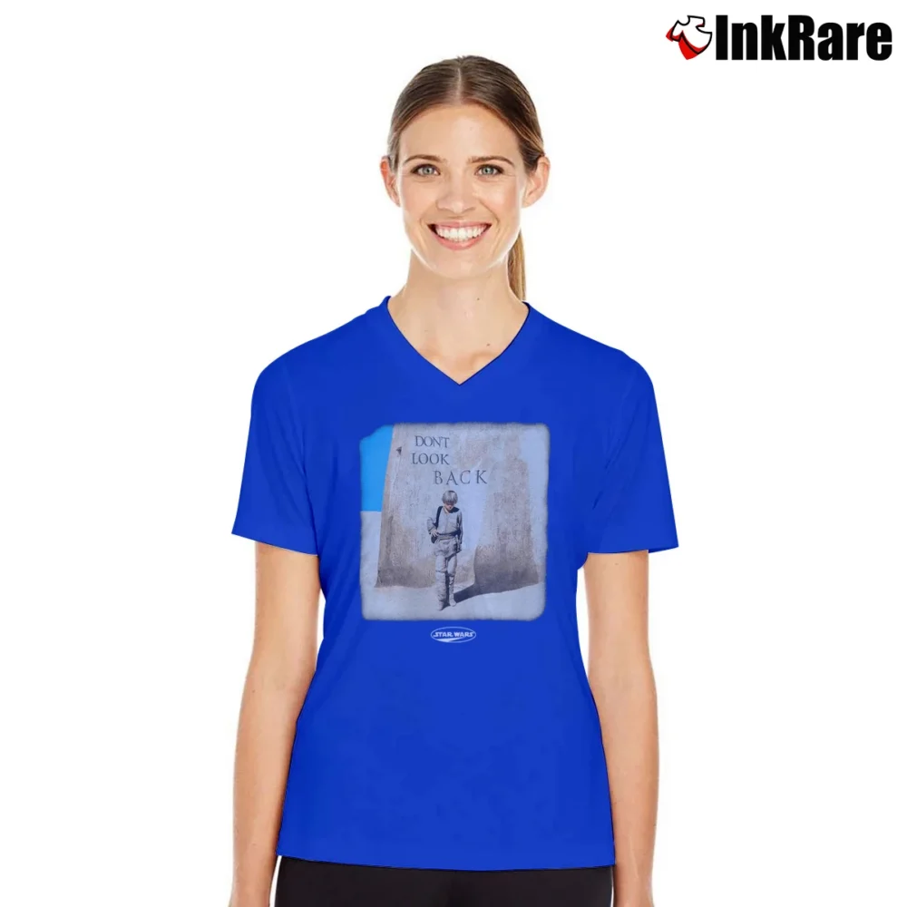 Women’s 90s Star Wars Dont Look Back Phantom Menace Luke Skywalker V-Neck Tee in royal blue | Chic Neckline, Soft Texture